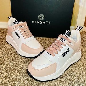 New Versace Powder Blush Canvas Leather Logo Sneakers